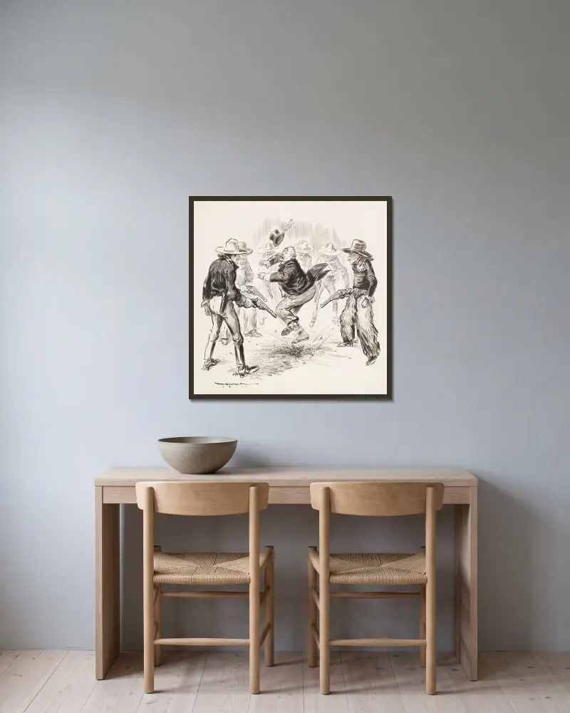 En grupp cowboys omringar en rik man som representerar storföretagen och skjuter mot hans fötter av William Henry Walker inramad på en vägg