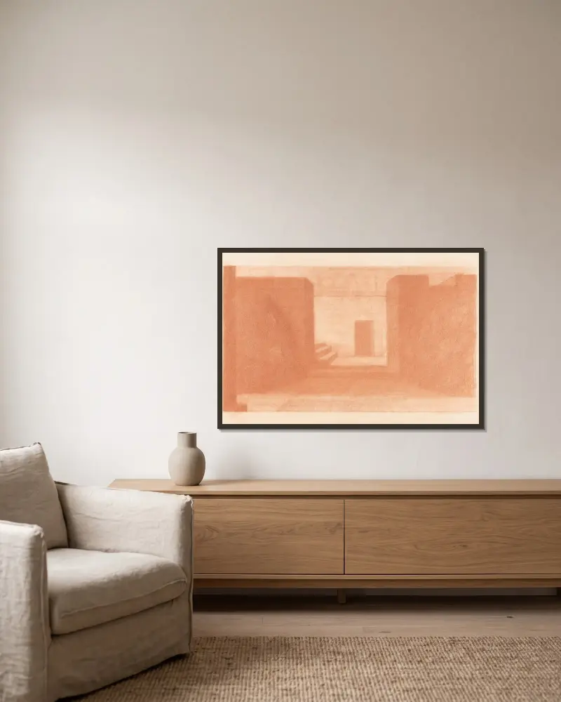 Niedrige Gebäude und Türöffnung von Herbert Crowley gerahmt an einer Wand