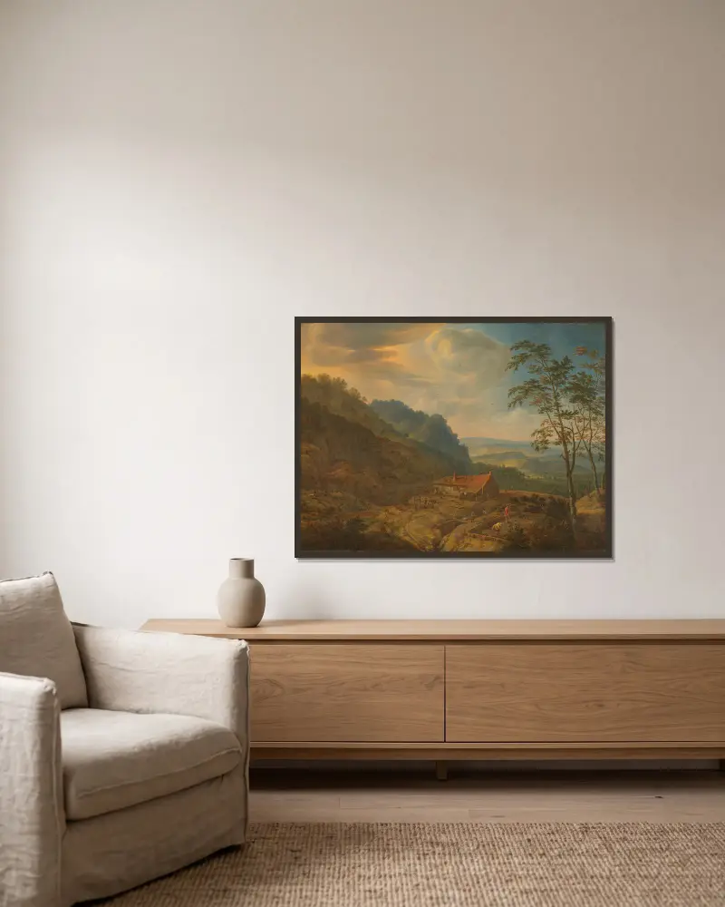 Berglandschap met boerderij av Herman Saftleven inramad på en vägg