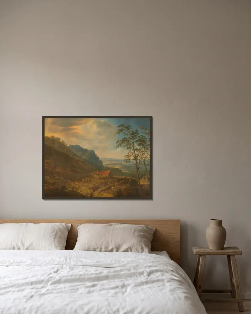 Berglandschap met boerderij av Herman Saftleven inramad på en vägg