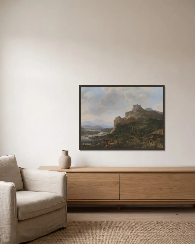 Landschaft am Rhein von Herman Saftleven gerahmt an einer Wand