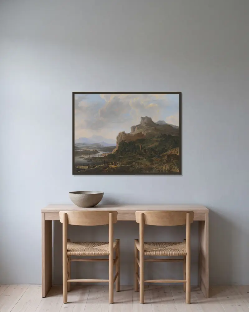 Landschaft am Rhein von Herman Saftleven gerahmt an einer Wand