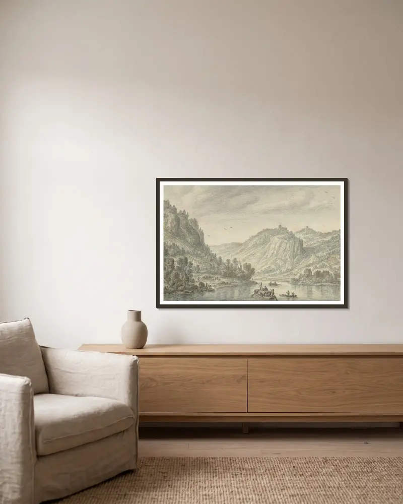 Rijn bij de Drachenfels av Herman Saftleven inramad på en vägg