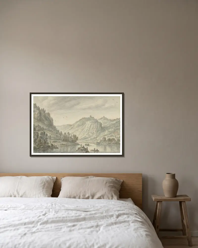 Rijn bij de Drachenfels av Herman Saftleven inramad på en vägg