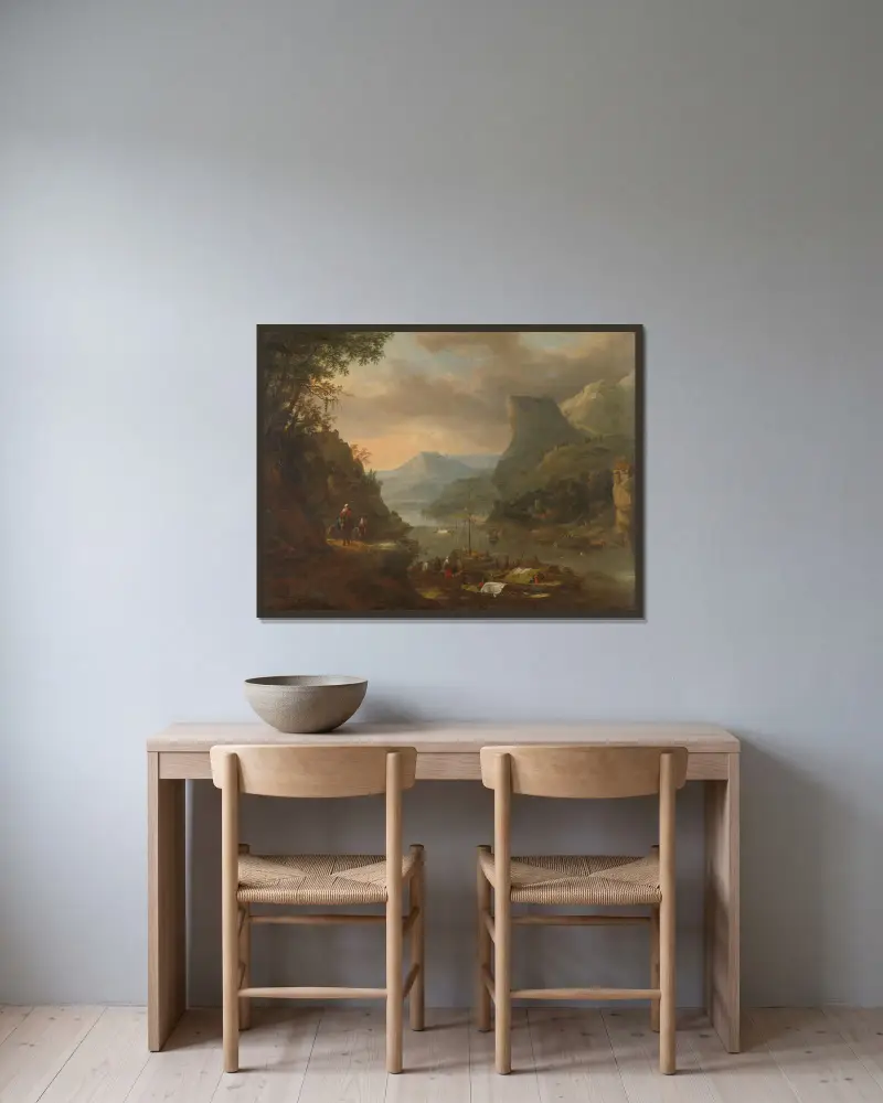 River view in a mountainous region av Herman Saftleven inramad på en vägg