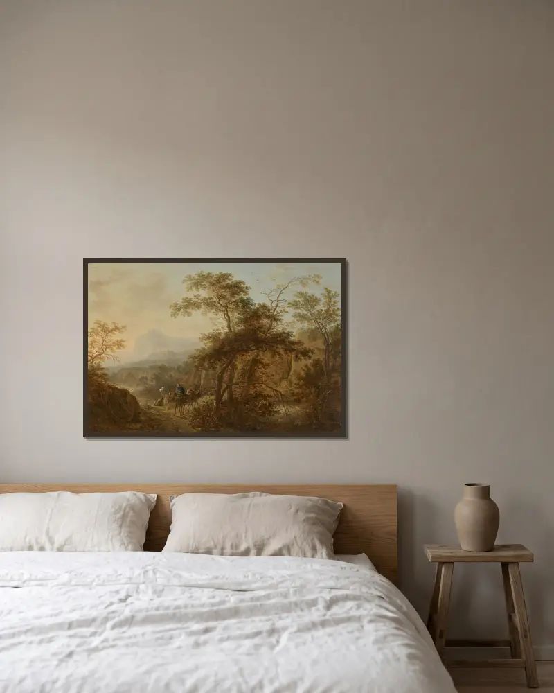 Vandrare på en skogsstig vid en flod och badande i ett bergslandskap av Herman Saftleven inramad på en vägg