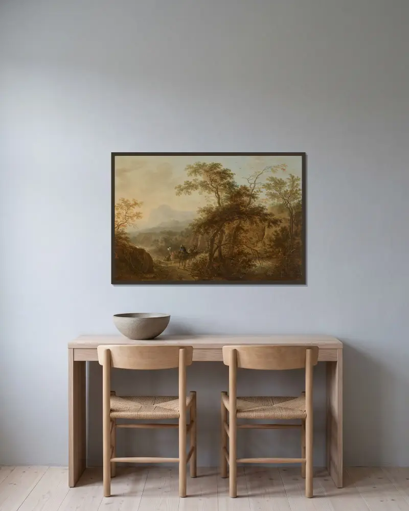 Vandrare på en skogsstig vid en flod och badande i ett bergslandskap av Herman Saftleven inramad på en vägg