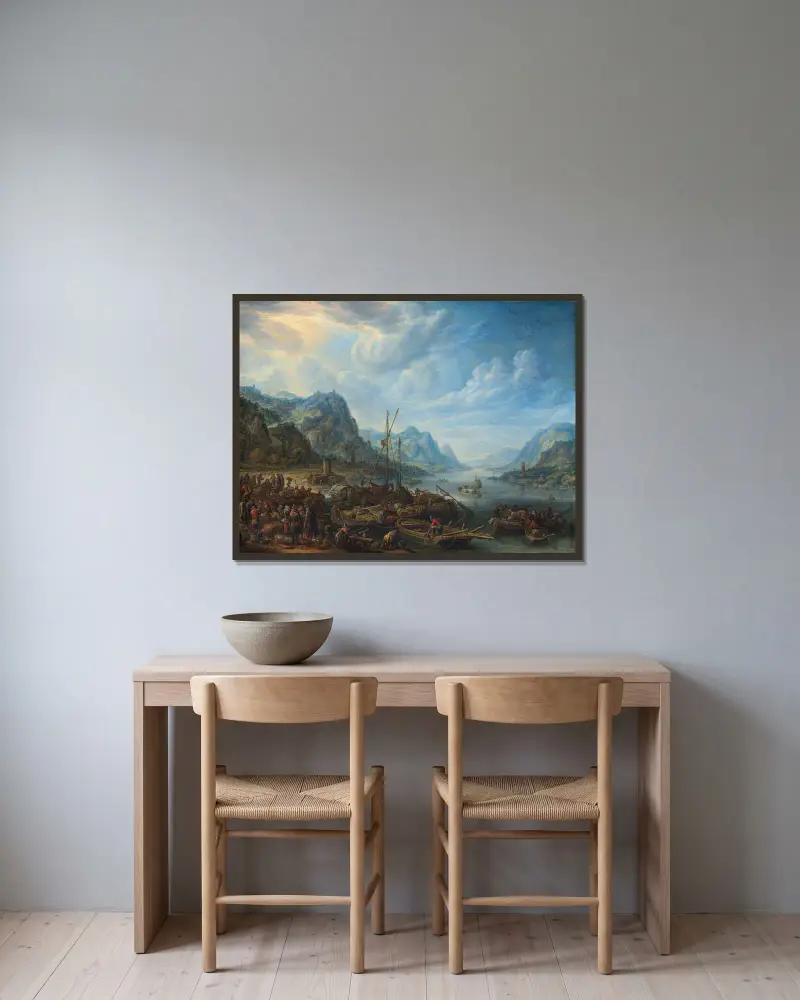 Vy över en flod med båtförtöjningar av Herman Saftleven inramad på en vägg