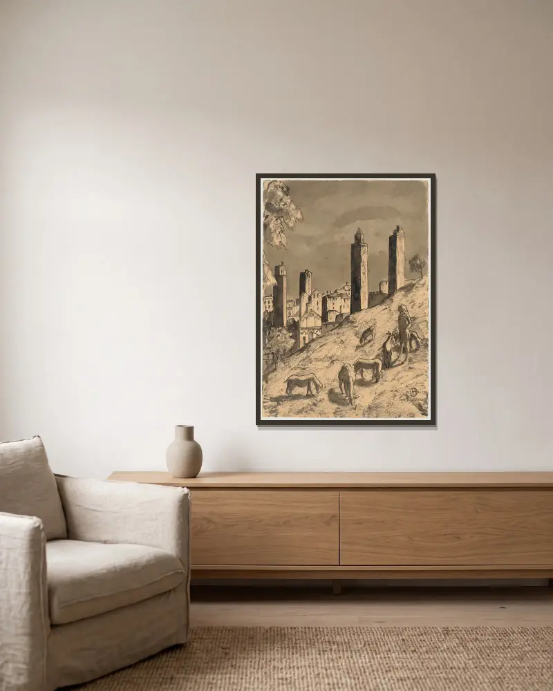 San Gimignano, 1923 – nr 2 av Hermann Lismann inramad på en vägg