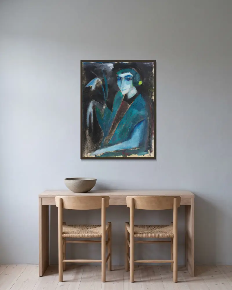 Damenbildnis mit Lilie av Hermann Stenner inramad på en vägg