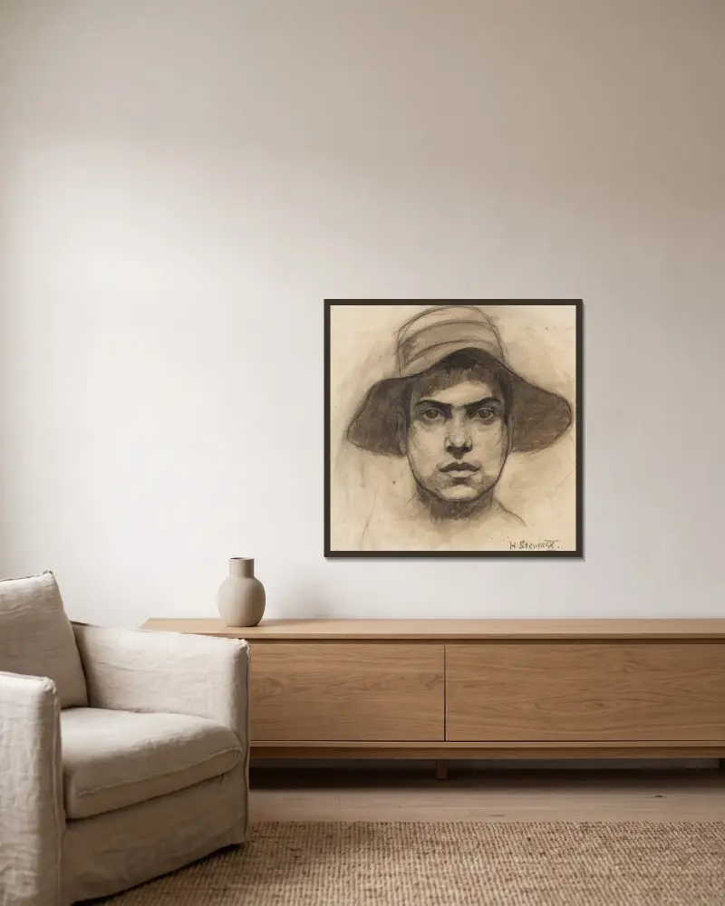 Männerkopf mit Hut von Hermann Stenner gerahmt an einer Wand