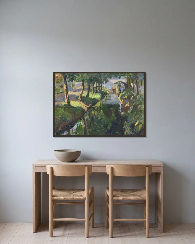 Mit Kastanien bestandener Kanal av Hermann Stenner inramad på en vägg
