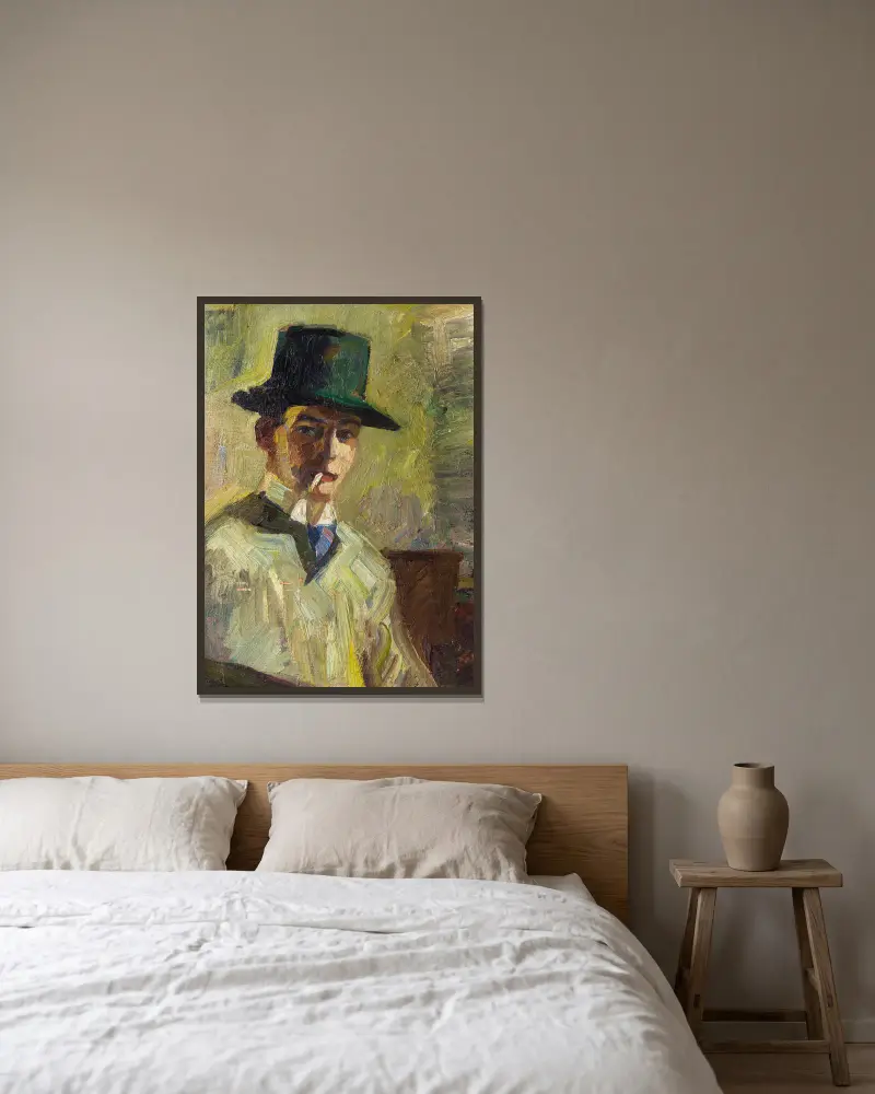 Selbstbildnis mit hohem Hut und Zigarette av Hermann Stenner inramad på en vägg
