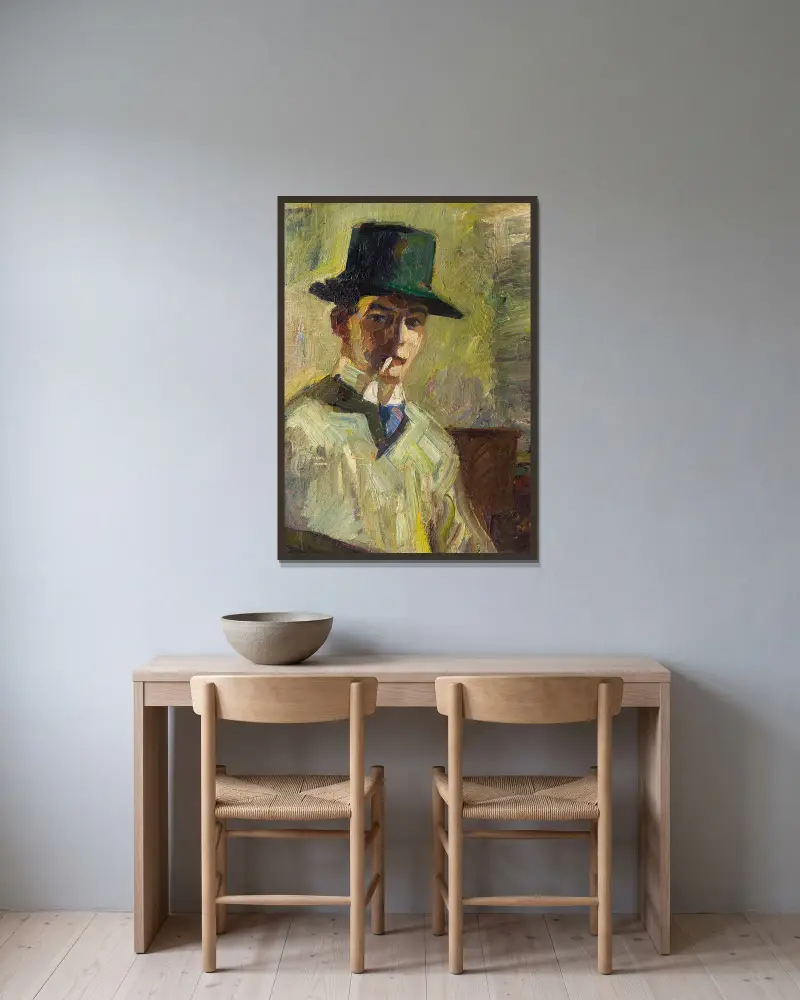 Selbstbildnis mit hohem Hut und Zigarette av Hermann Stenner inramad på en vägg