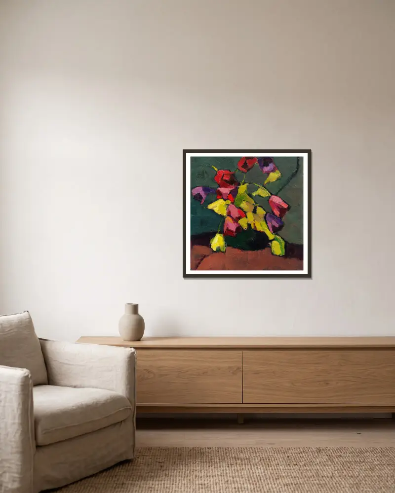 Tulpen in grüner Vase av Hermann Stenner inramad på en vägg