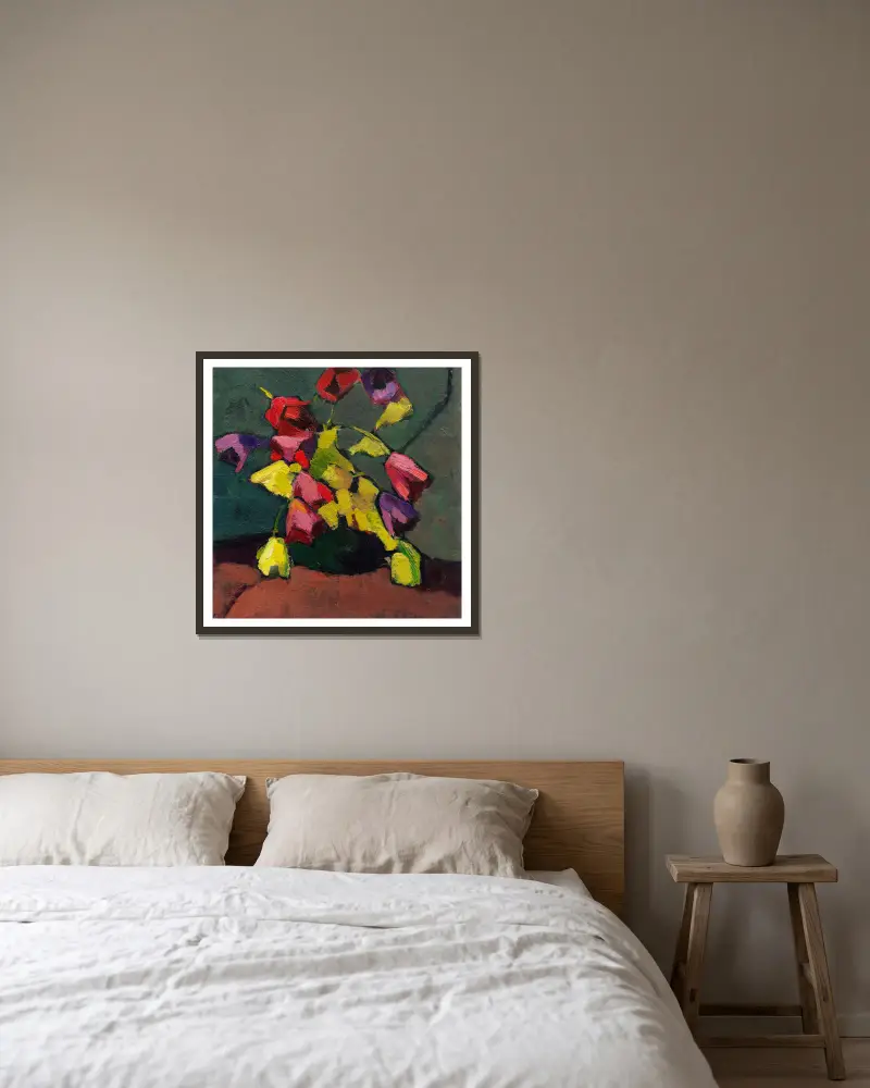 Tulpen in grüner Vase av Hermann Stenner inramad på en vägg