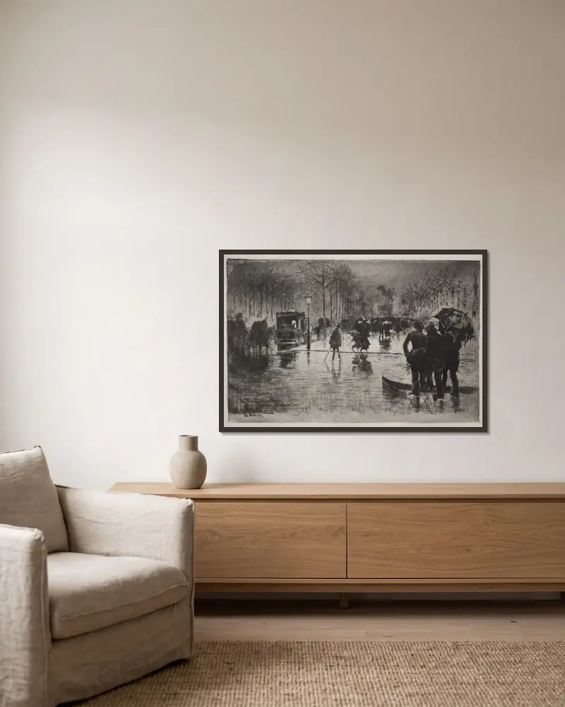 Künstler kehren vom Salon zurück von Félix Hilaire Buhot gerahmt an einer Wand