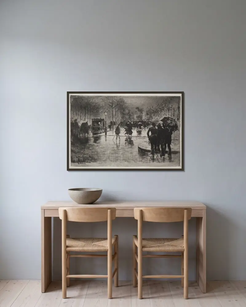 Künstler kehren vom Salon zurück von Félix Hilaire Buhot gerahmt an einer Wand