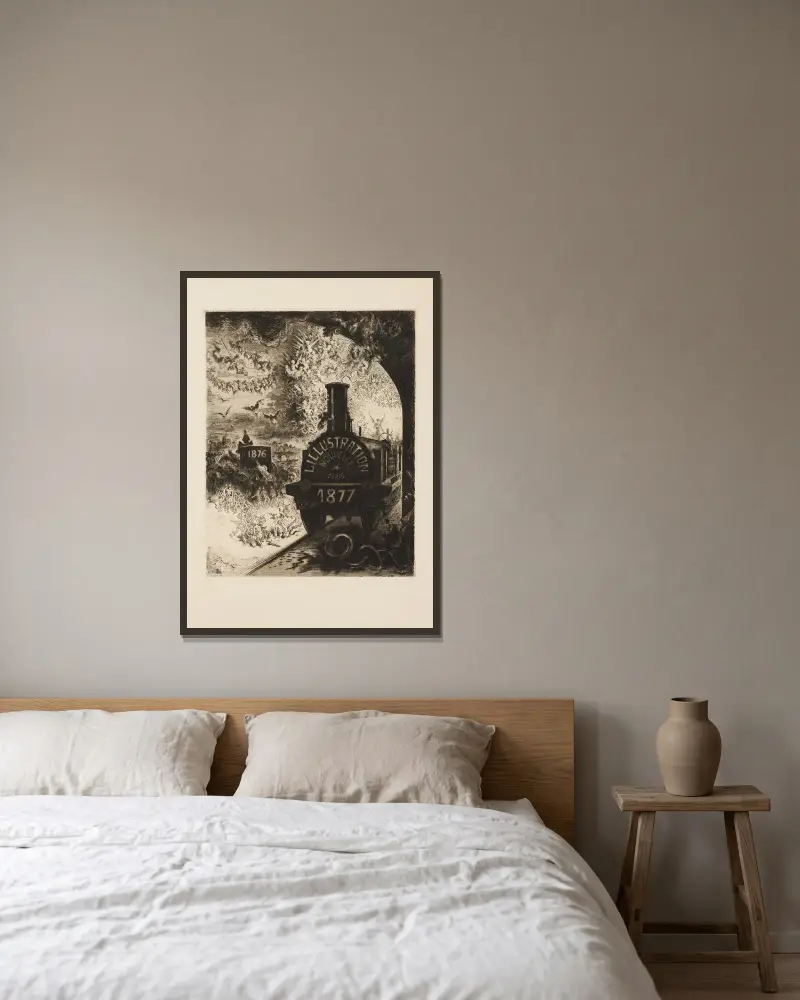 Frontespis till ’L’Illustration Nouvelle’ av Félix Hilaire Buhot inramad på en vägg