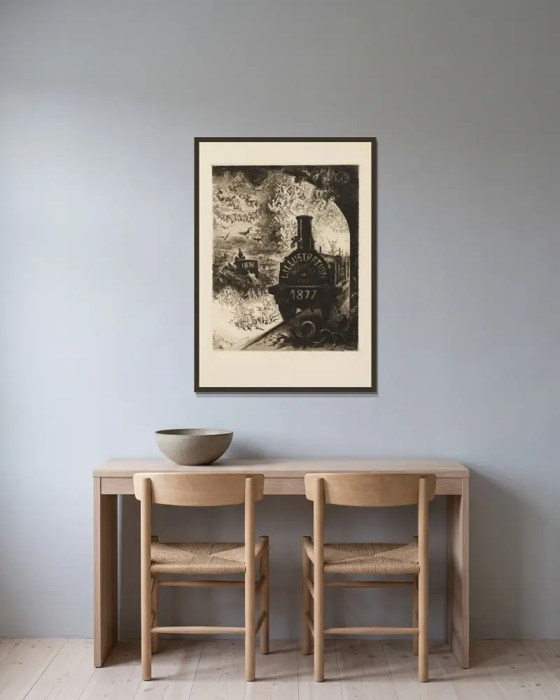 Frontespis till ’L’Illustration Nouvelle’ av Félix Hilaire Buhot inramad på en vägg