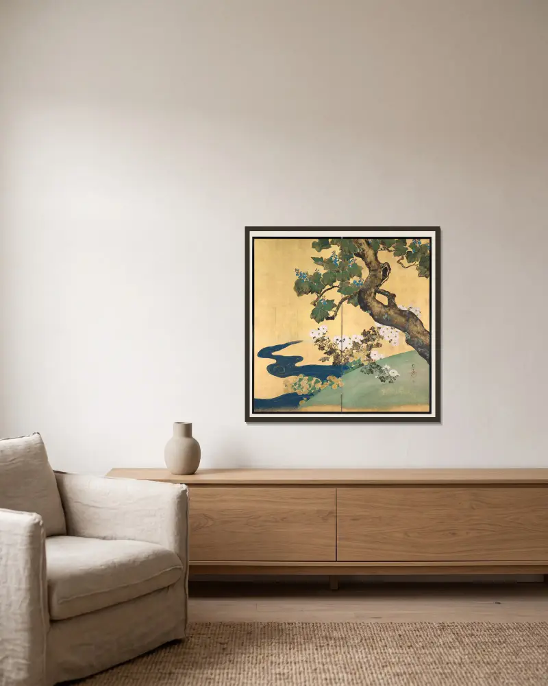 Paulownias and Chrysanthemums av Sakai Hōitsu inramad på en vägg