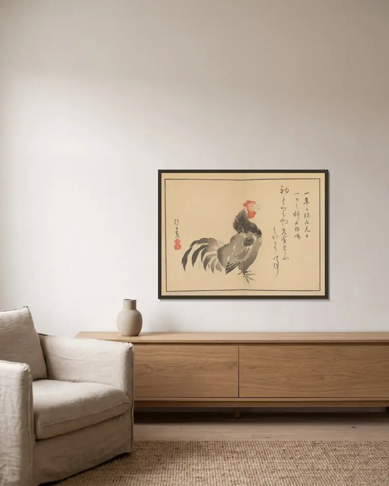 Sakai Hōitsu gajō, plansch 1 av Sakai Hōitsu inramad på en vägg