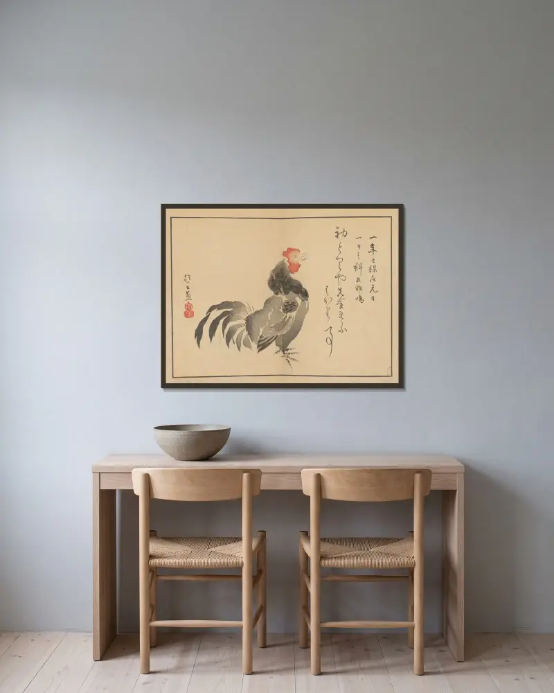 Sakai Hōitsu gajō, plansch 1 av Sakai Hōitsu inramad på en vägg