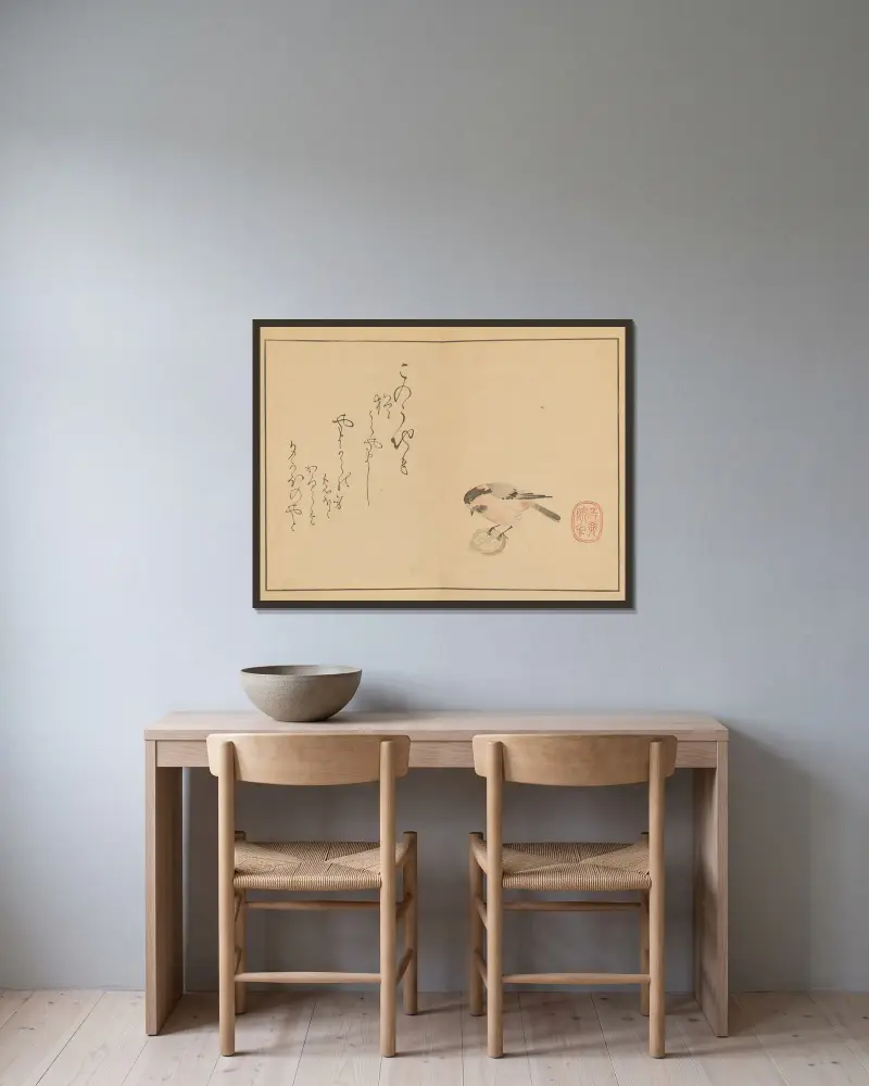 Sakai Hōitsu gajō, plansch 17 av Sakai Hōitsu inramad på en vägg