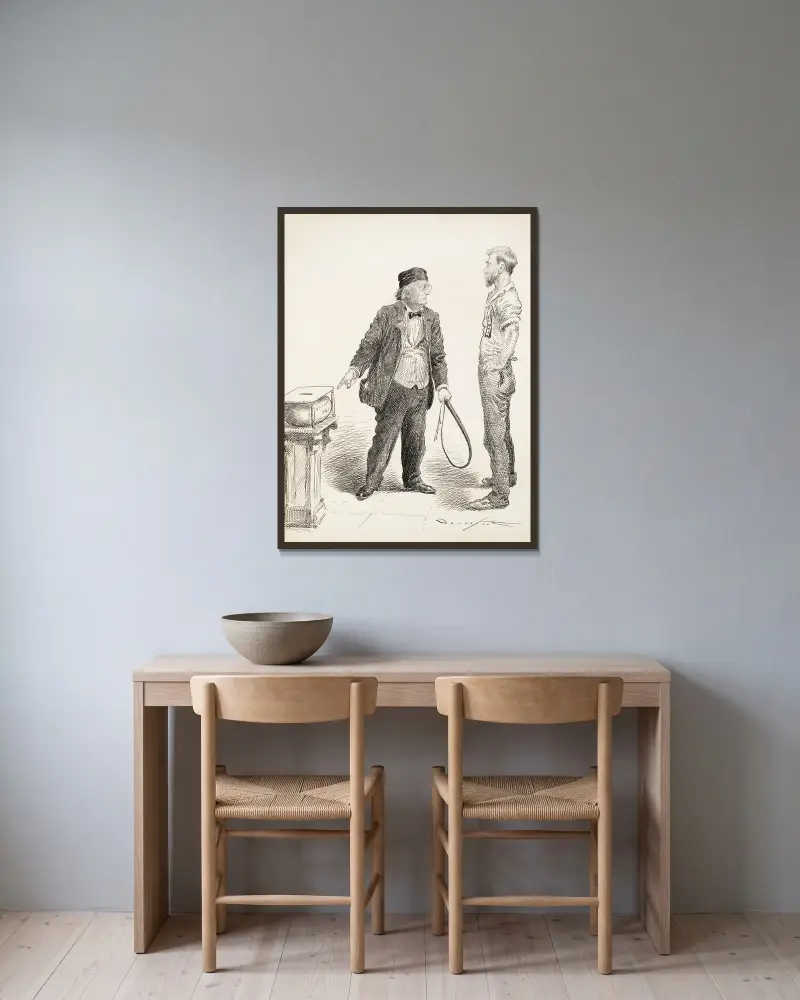 En man i kostym, med en piska i handen, beordrar en man som representerar arbetet att lägga sin röst i valurnan. av Homer Davenport inramad på en vägg