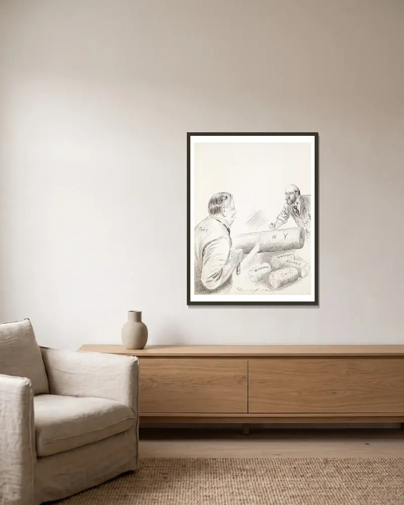 Zwei Männer, Taft und Hughes, sägen Stücke von einem Baumstamm von Homer Davenport gerahmt an einer Wand