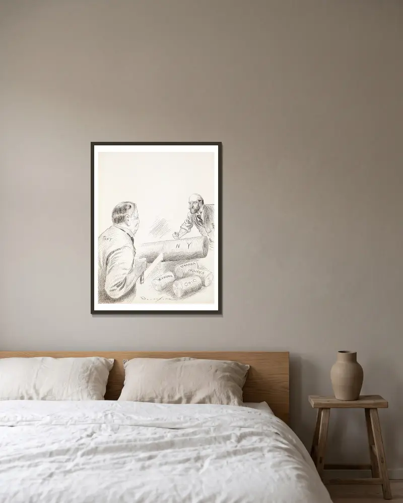 Zwei Männer, Taft und Hughes, sägen Stücke von einem Baumstamm von Homer Davenport gerahmt an einer Wand