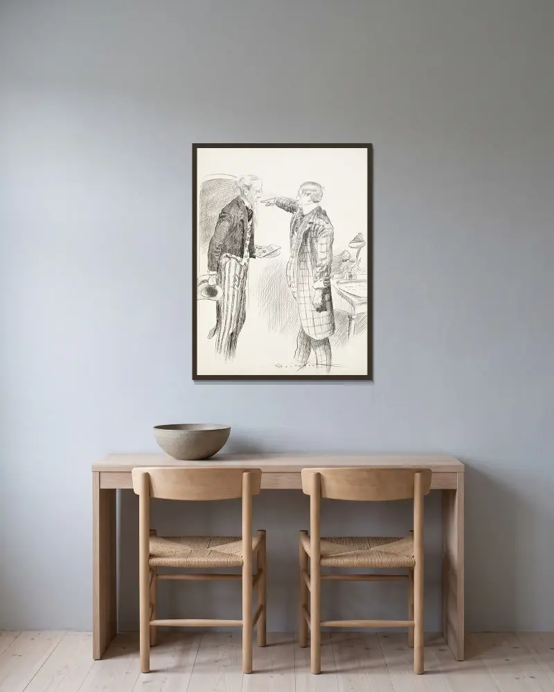 Farbror Sam, med trasiga kläder och tårar i ögonen, försöker överlämna en inbjudan till ärade W.R.H., men blir tillsagd att avlägsna sig av Homer Davenport inramad på en vägg