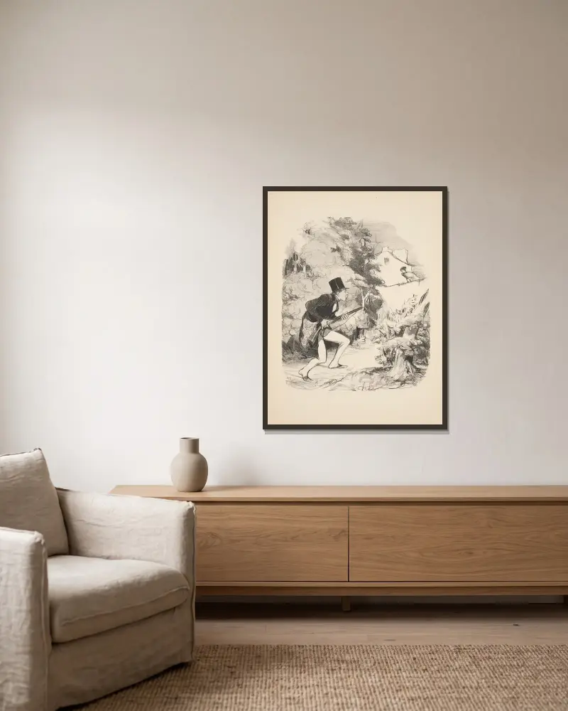 Jakt och fiske, plansch 4 av Honoré Daumier inramad på en vägg