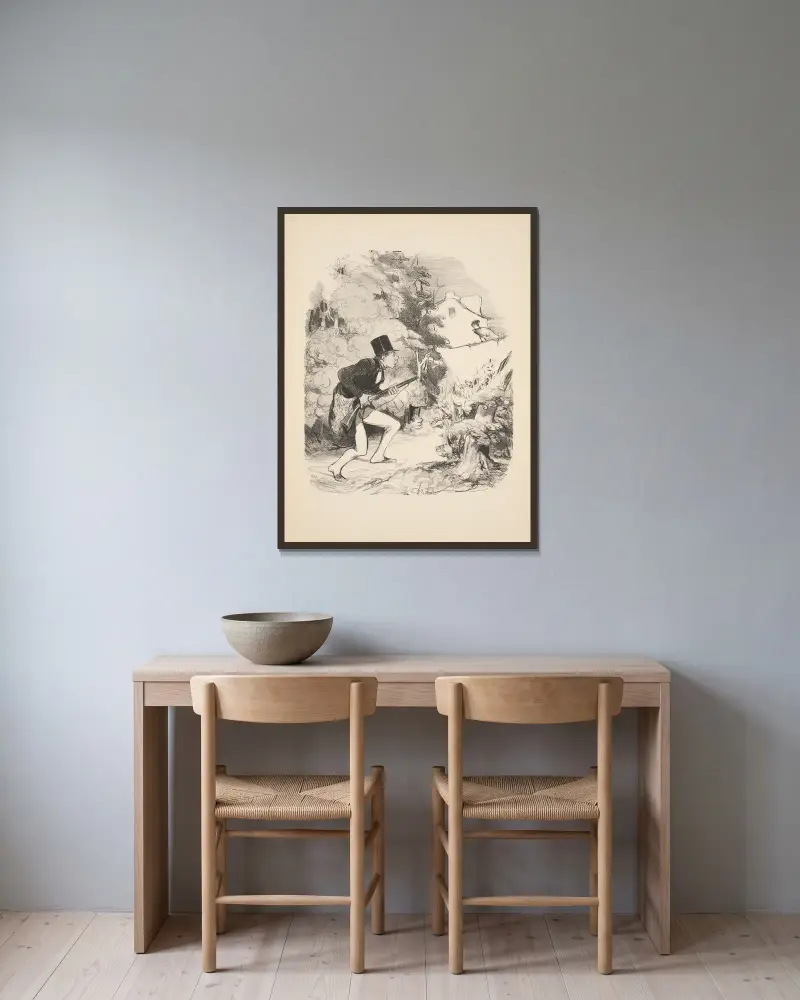 Jakt och fiske, plansch 4 av Honoré Daumier inramad på en vägg