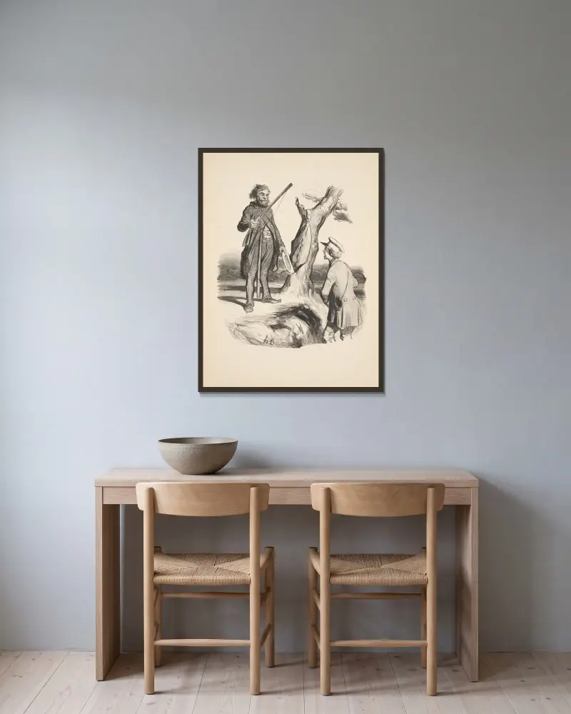 Jakt och fiske, plansch 5 av Honoré Daumier inramad på en vägg