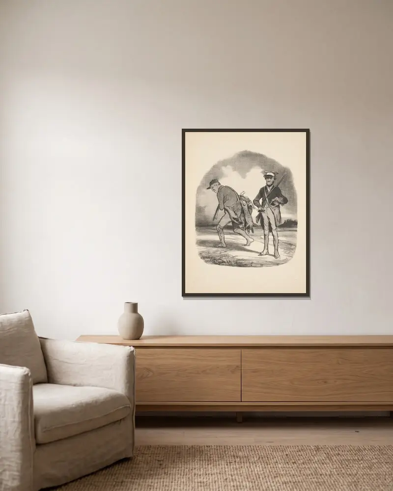 Jakt och fiske, plansch 6 av Honoré Daumier inramad på en vägg