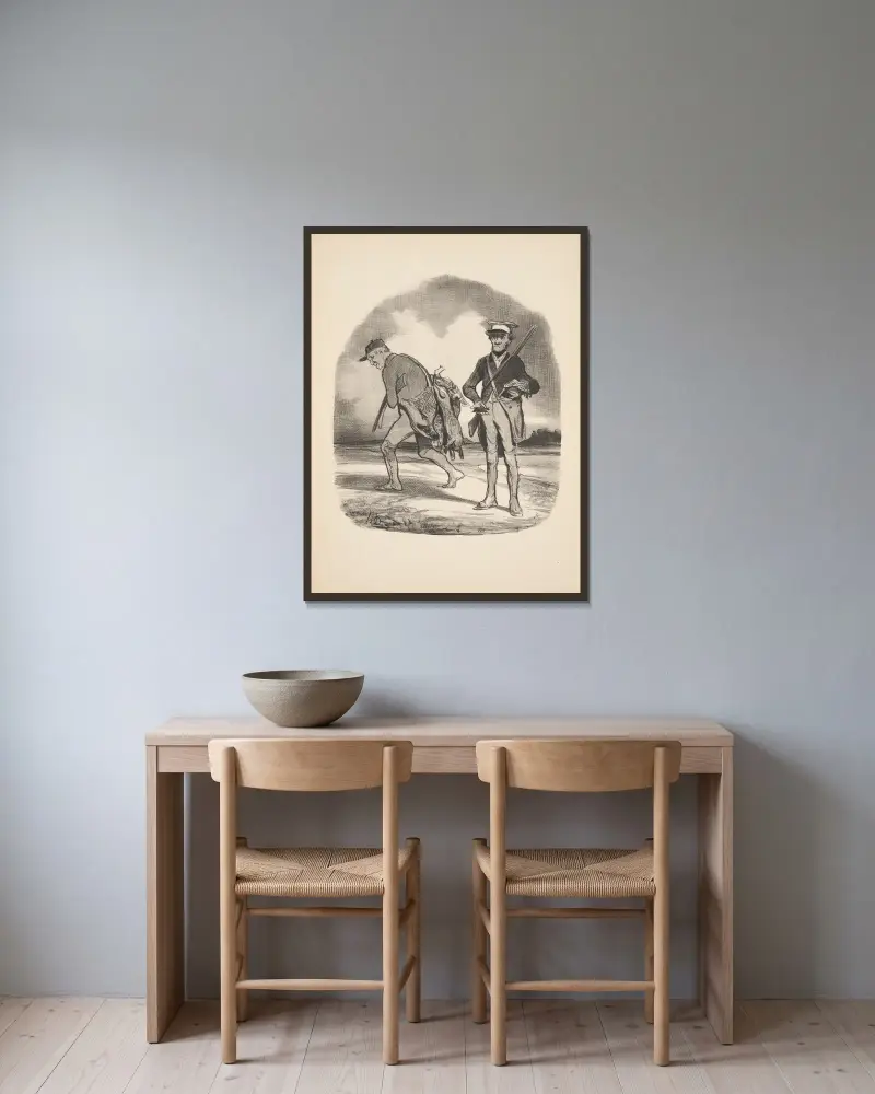 Jakt och fiske, plansch 6 av Honoré Daumier inramad på en vägg