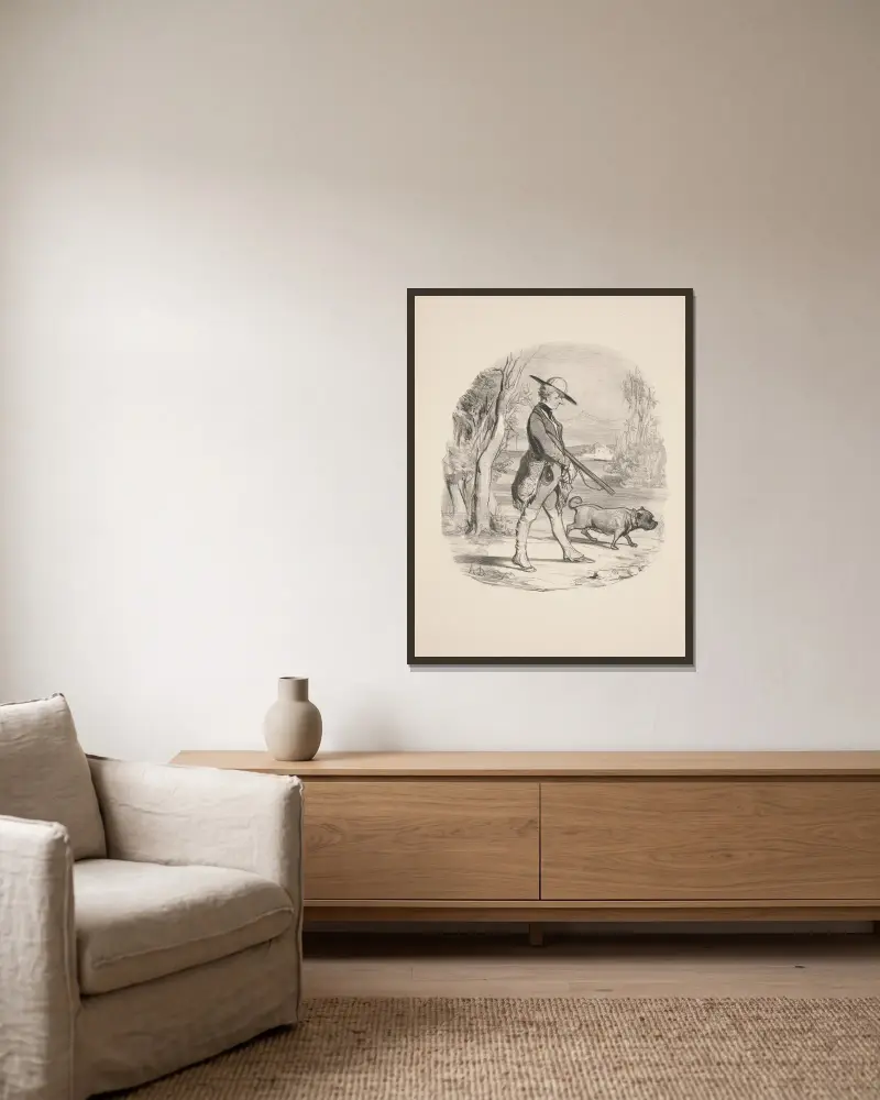 Jakt och fiske, plansch 9 av Honoré Daumier inramad på en vägg