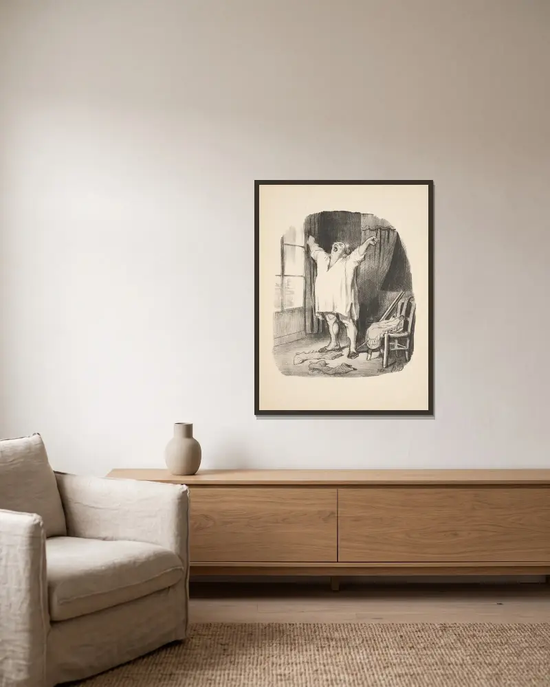 Jakt och fiske, plansch 11 av Honoré Daumier inramad på en vägg