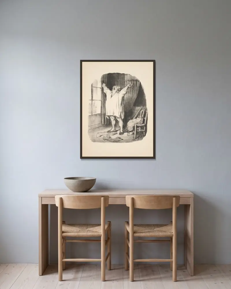 Jakt och fiske, plansch 11 av Honoré Daumier inramad på en vägg