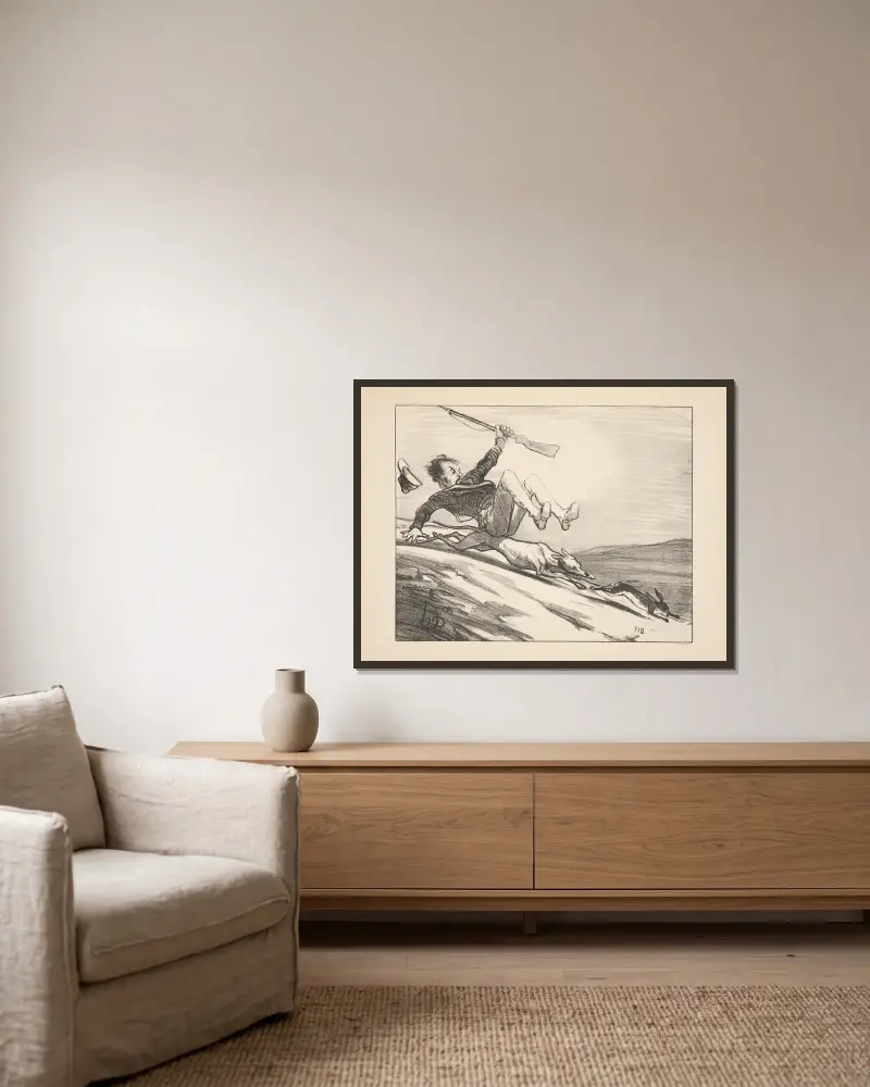 Jakt och fiske, plansch 12 av Honoré Daumier inramad på en vägg