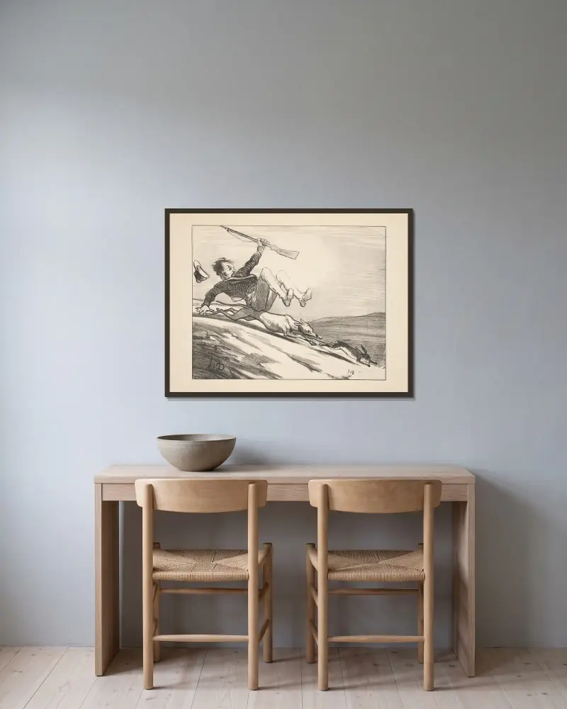 Jakt och fiske, plansch 12 av Honoré Daumier inramad på en vägg