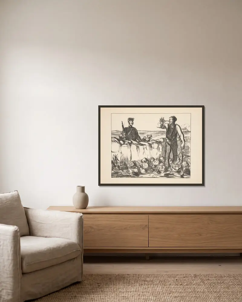 Jakt och fiske, plansch 13 av Honoré Daumier inramad på en vägg