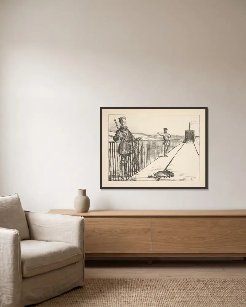 Jakt och fiske, plansch 15 av Honoré Daumier inramad på en vägg