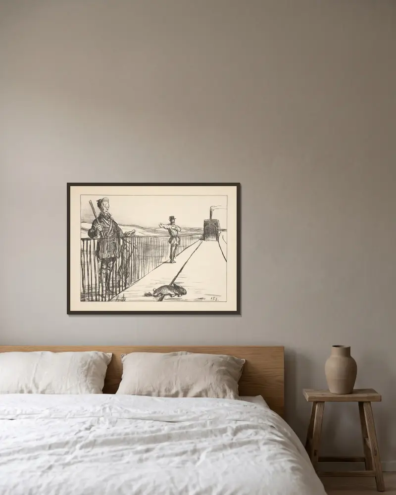 Jakt och fiske, plansch 15 av Honoré Daumier inramad på en vägg