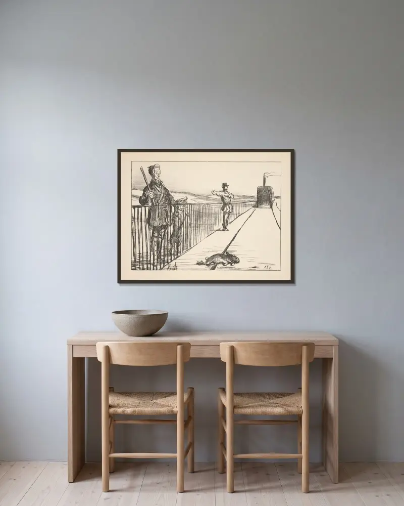 Jakt och fiske, plansch 15 av Honoré Daumier inramad på en vägg