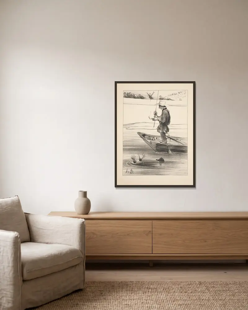 Jakt och fiske, plansch 17 av Honoré Daumier inramad på en vägg