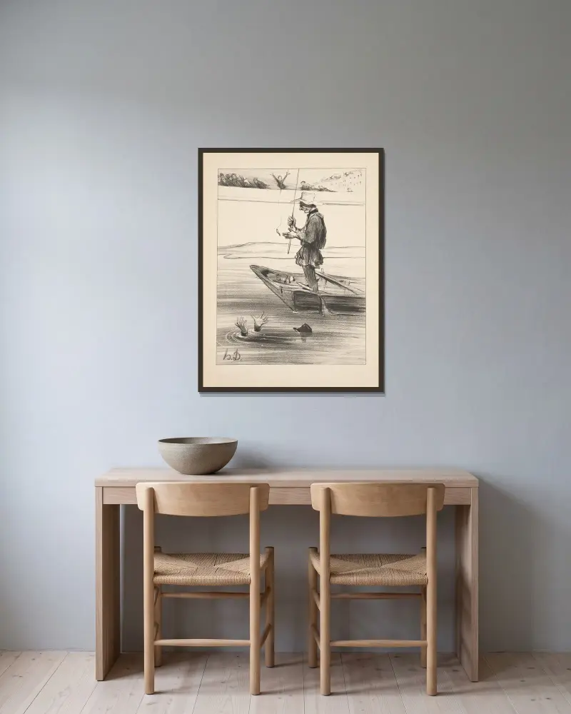 Jakt och fiske, plansch 17 av Honoré Daumier inramad på en vägg