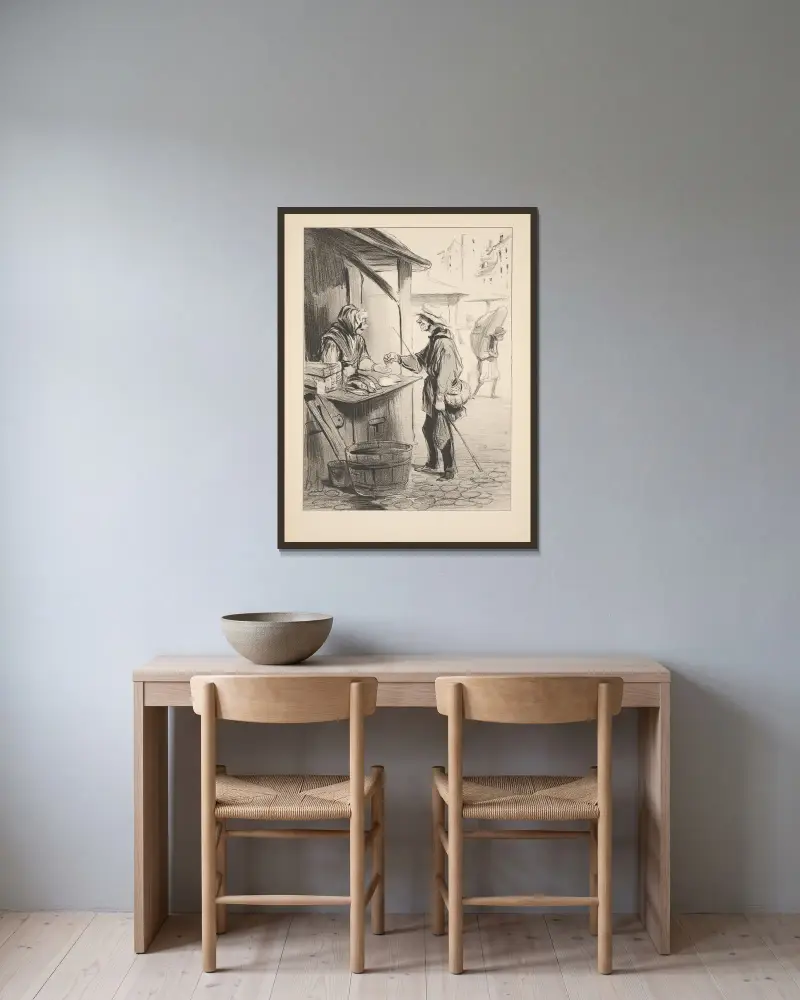 Jakt och fiske, plansch 18 av Honoré Daumier inramad på en vägg