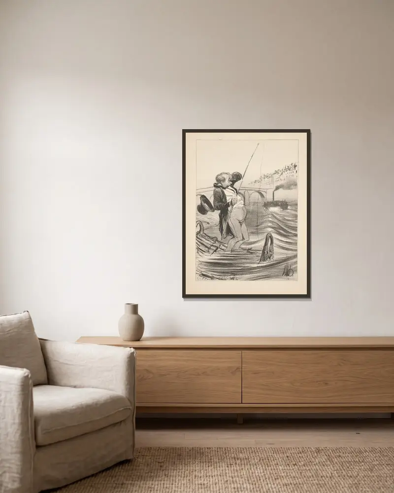 Jakt och fiske, plansch 19 av Honoré Daumier inramad på en vägg